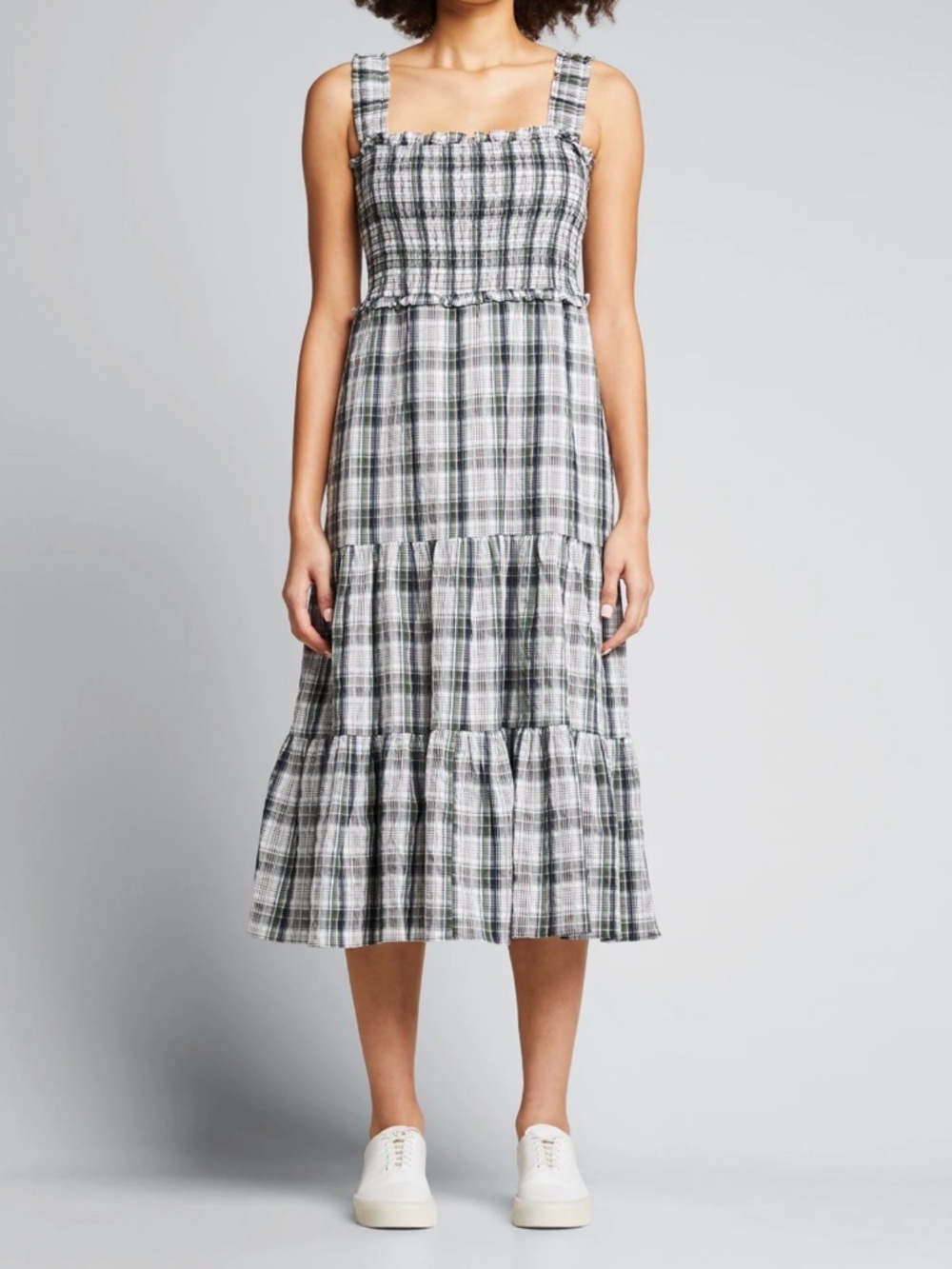 Veronica Beard Black & White Smocked Plaid Midi Dress